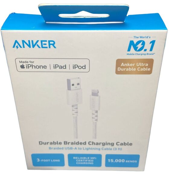 Anker 3ft Braided MFi Certified Lightning to USB-A Charging Cable – White - Picture 1 of 8